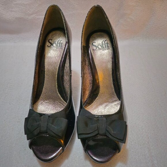 Sofft Burgundy/Wine Patent Leather Womens Pumps W/ Bow Size 8M 4" Heel. Peep toe - Picture 1 of 9